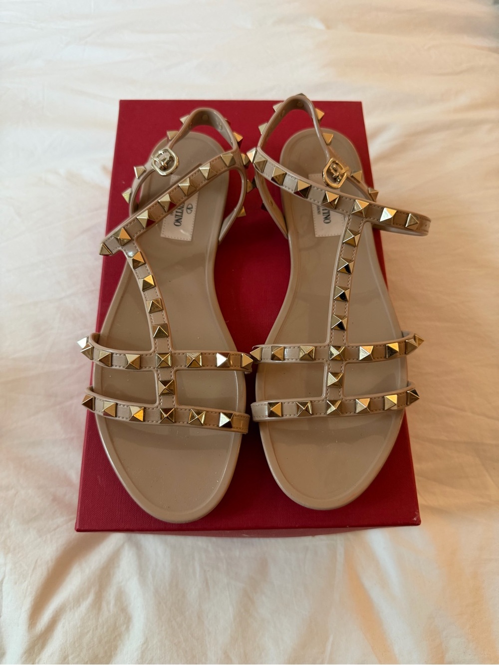 Valentino Nude Leather T-Strap Sandals with Gold Rockstuds